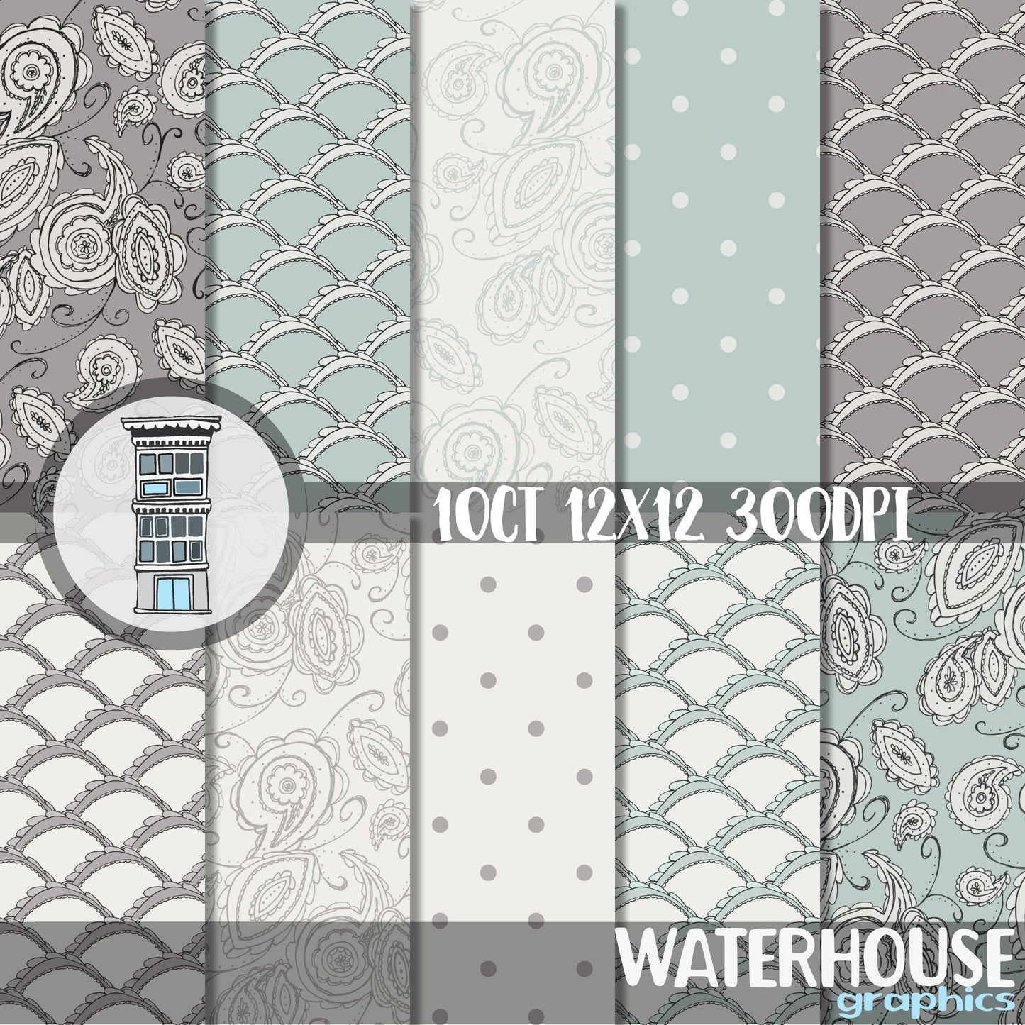 Blue Paisley Digital Paper Pack INSTANT DOWNLOAD blue taupe cream hand drawn scallops scrapbooking planner printables cards papercrafts