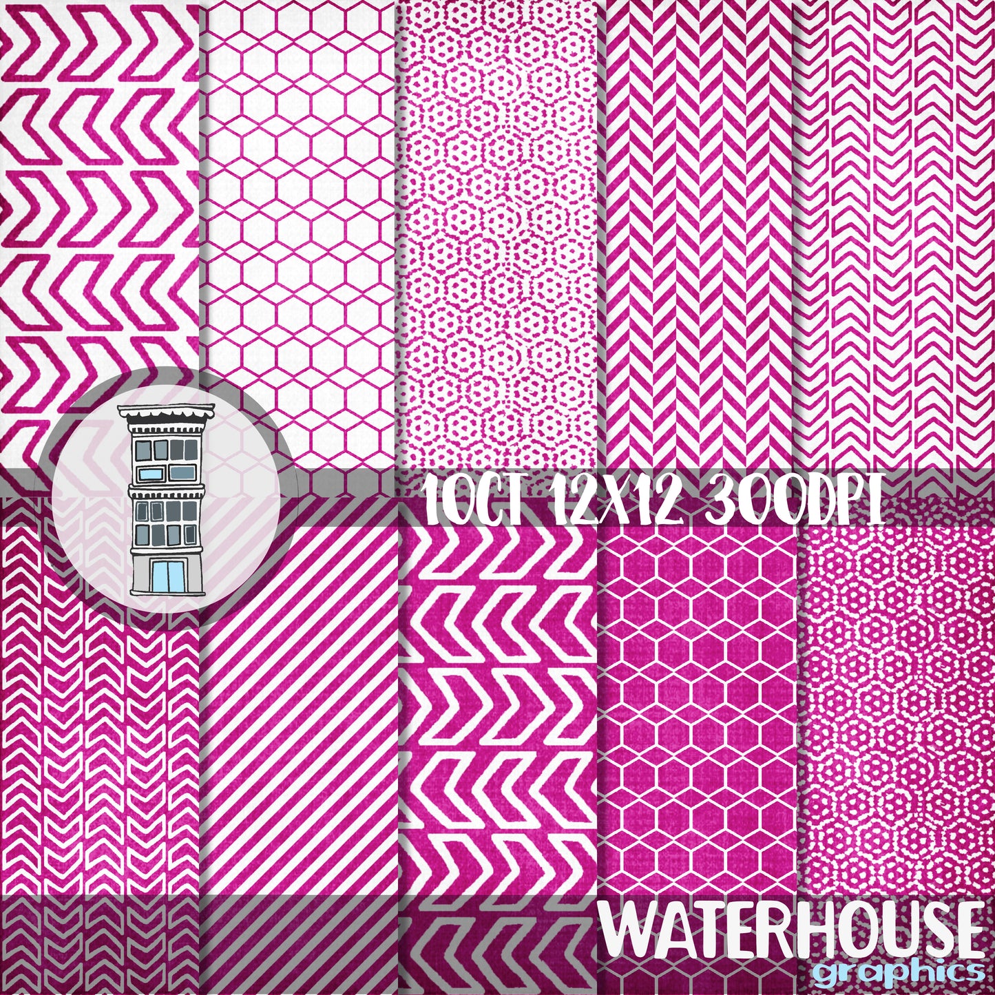Bright PINK geometric Digital Paper Pack Hexagons Arrows Digital Scrapbook papers Distressed fuschia planner papers journal card backgrounds