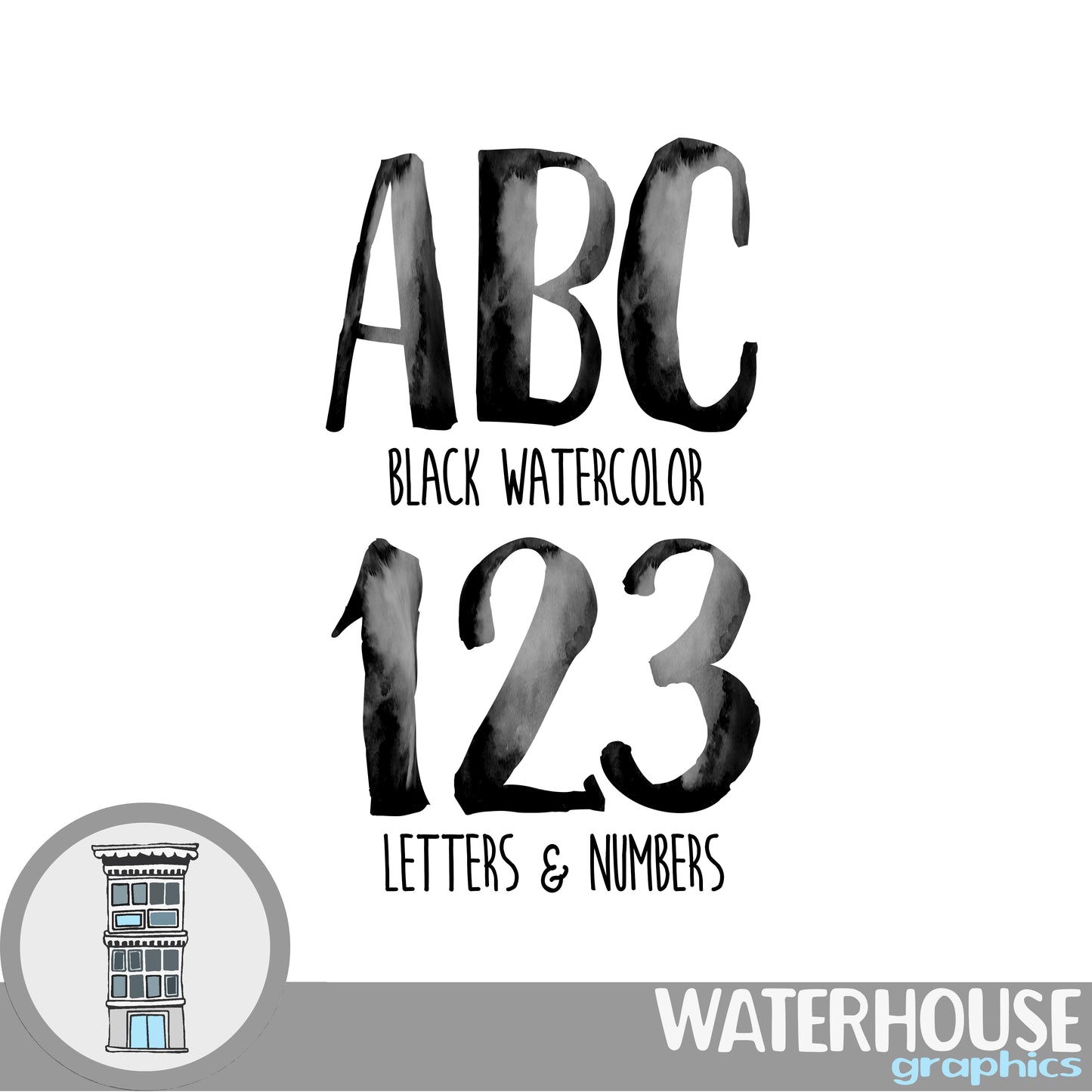 Black Watercolor Letters Numbers Instant Digital Download BLACK watercolor set Digital Alphabet ABCs digital scrapbooking letters numbers