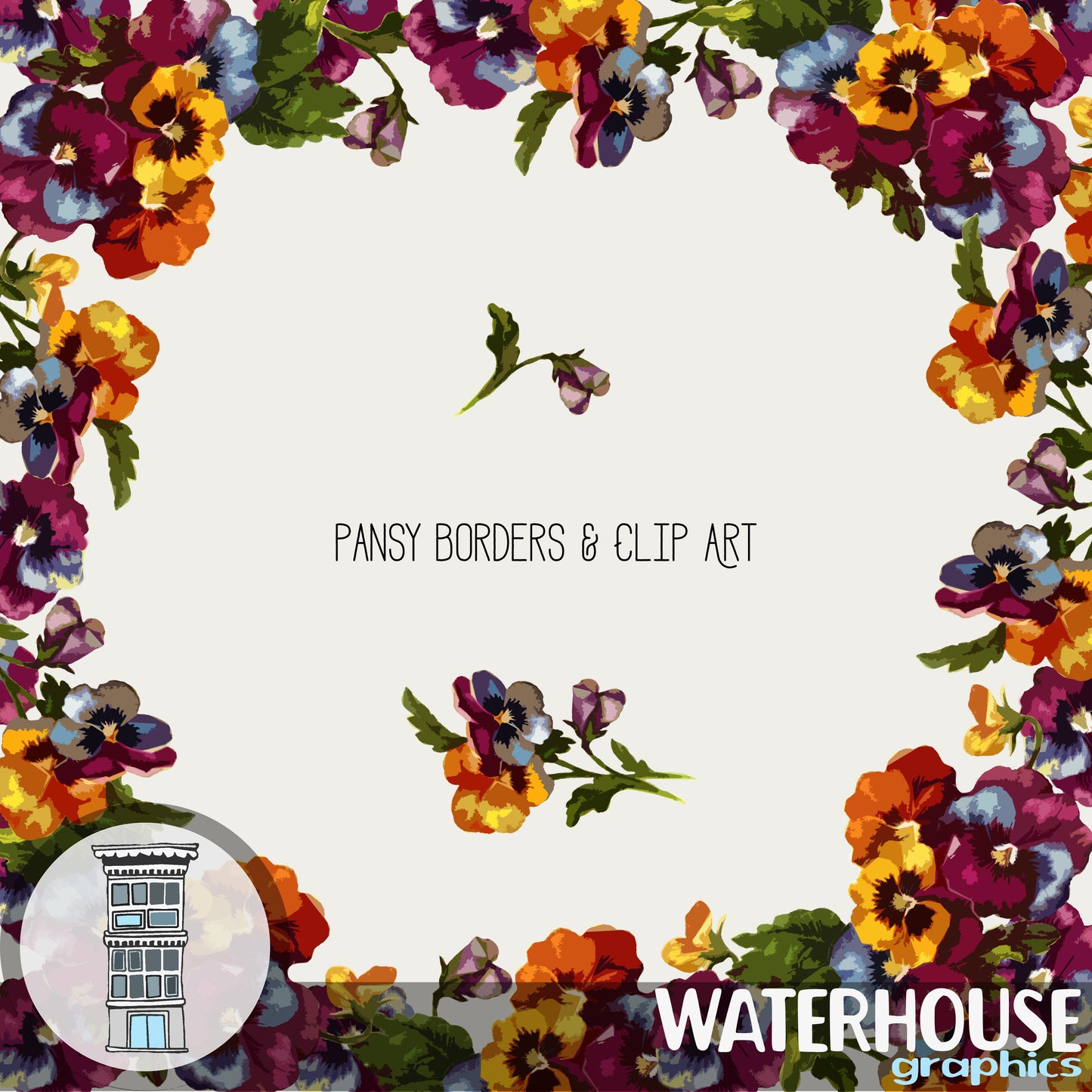 Bright Painted Pansy Clip Art Border Frame Digital Download Flowers