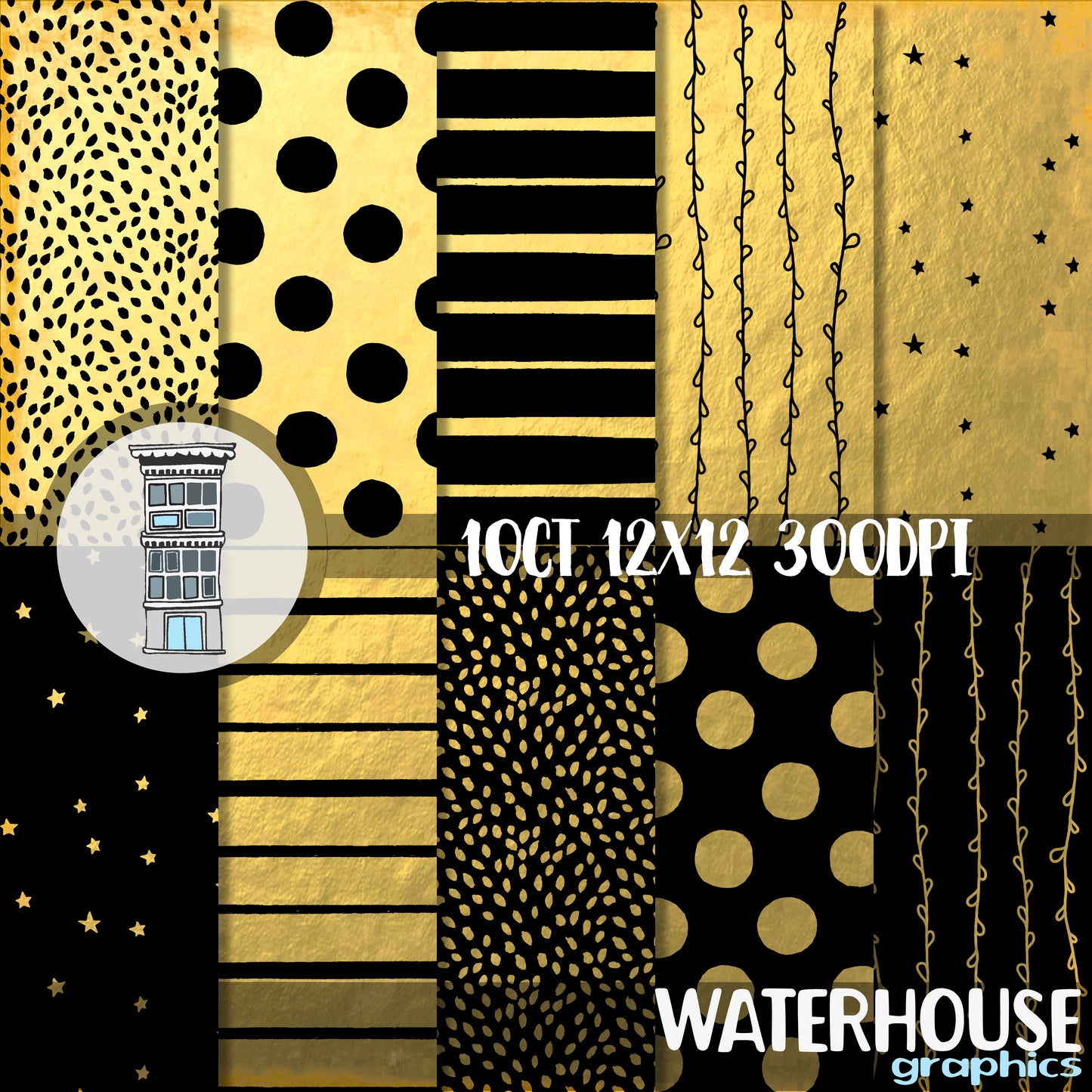 Black and GOLD Digital Paper Pack gold stars, stripes, polka dots, leopard patterns INSTANT DOWNLOAD Papel Cardmaking New Years Backgrounds
