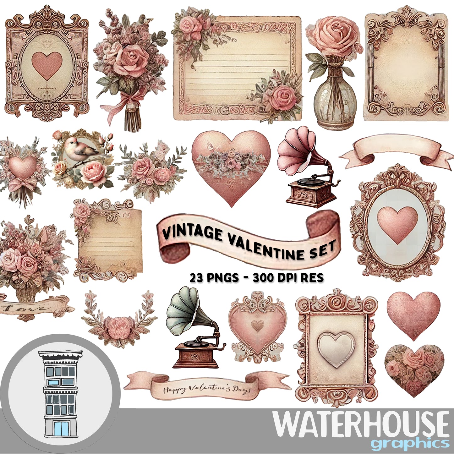 Vintage Valentine's Day Clip Art Set - 23 High Resolution PNGS Vintage Hearts, Floral Arrangements, Frames, Banners