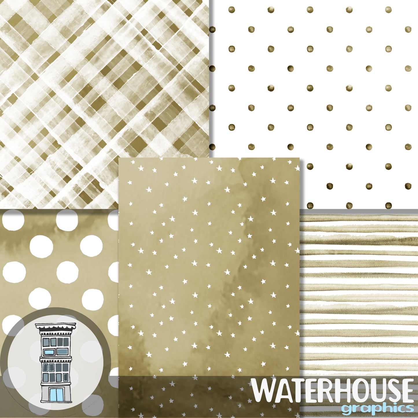 Army green Khaki Watercolor Digital Paper Pack INSTANT digital DOWNLOAD Watercolor Polka dots & stripes neutral background papel hex #9C8B51