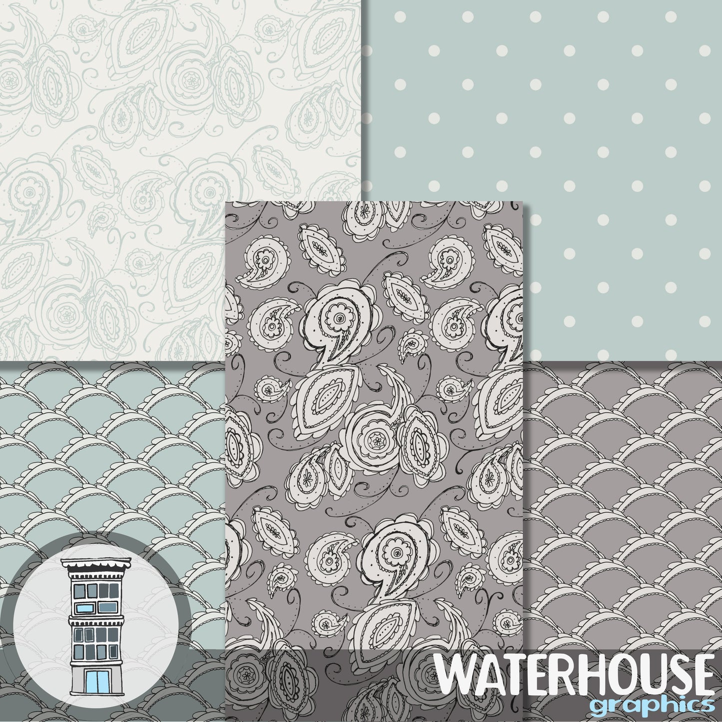 Blue Paisley Digital Paper Pack INSTANT DOWNLOAD blue taupe cream hand drawn scallops scrapbooking planner printables cards papercrafts