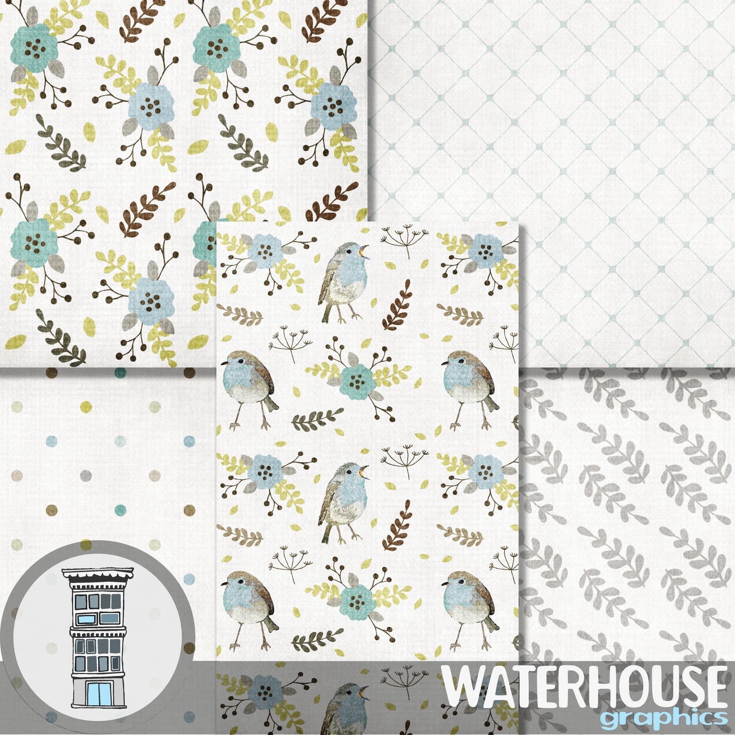 Birds Digital Paper Pack hand drawn birds floral patterns INSTANT DOWNLOAD Blue Neutral Pretty Spring Leaves Birds Papel Cards Background