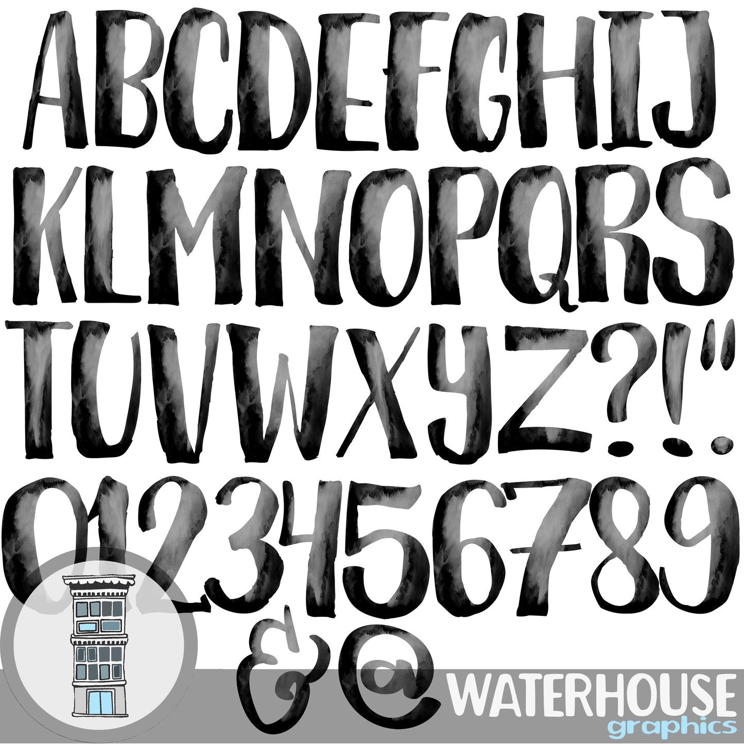 Black Watercolor Letters Numbers Instant Digital Download BLACK watercolor set Digital Alphabet ABCs digital scrapbooking letters numbers