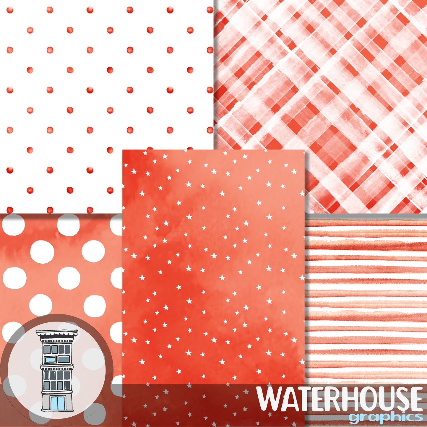 Bright RED ORANGE Watercolor Digital Paper Pack Instant DOWNLOAD rust Watercolor Dots Watercolor Stripes stars backgrounds journal cards