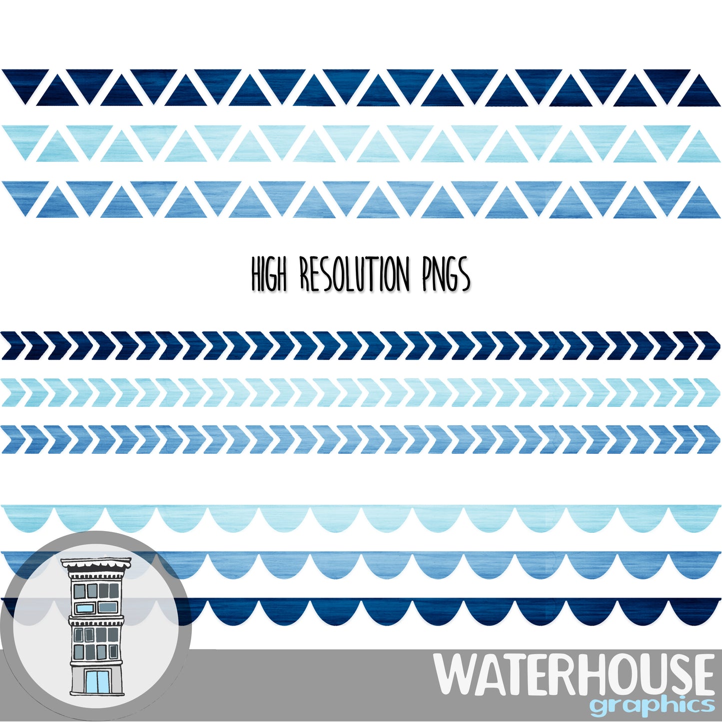 BLUE Digital Scrapbooking Watercolor texture clip art set dividers borders distressed arrows chevron stars bunting stripes triangles