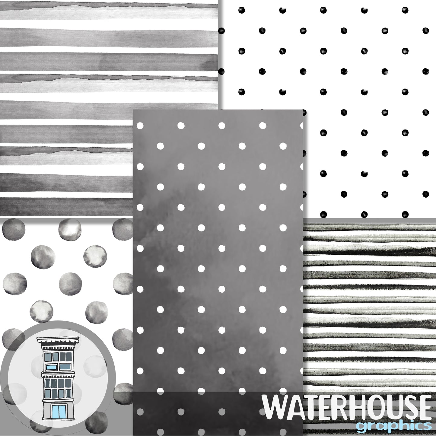 Black Watercolor Digital Paper Pack INSTANT digital DOWNLOAD Watercolor Polka dots Watercolor Stripes backgrounds black and white papel
