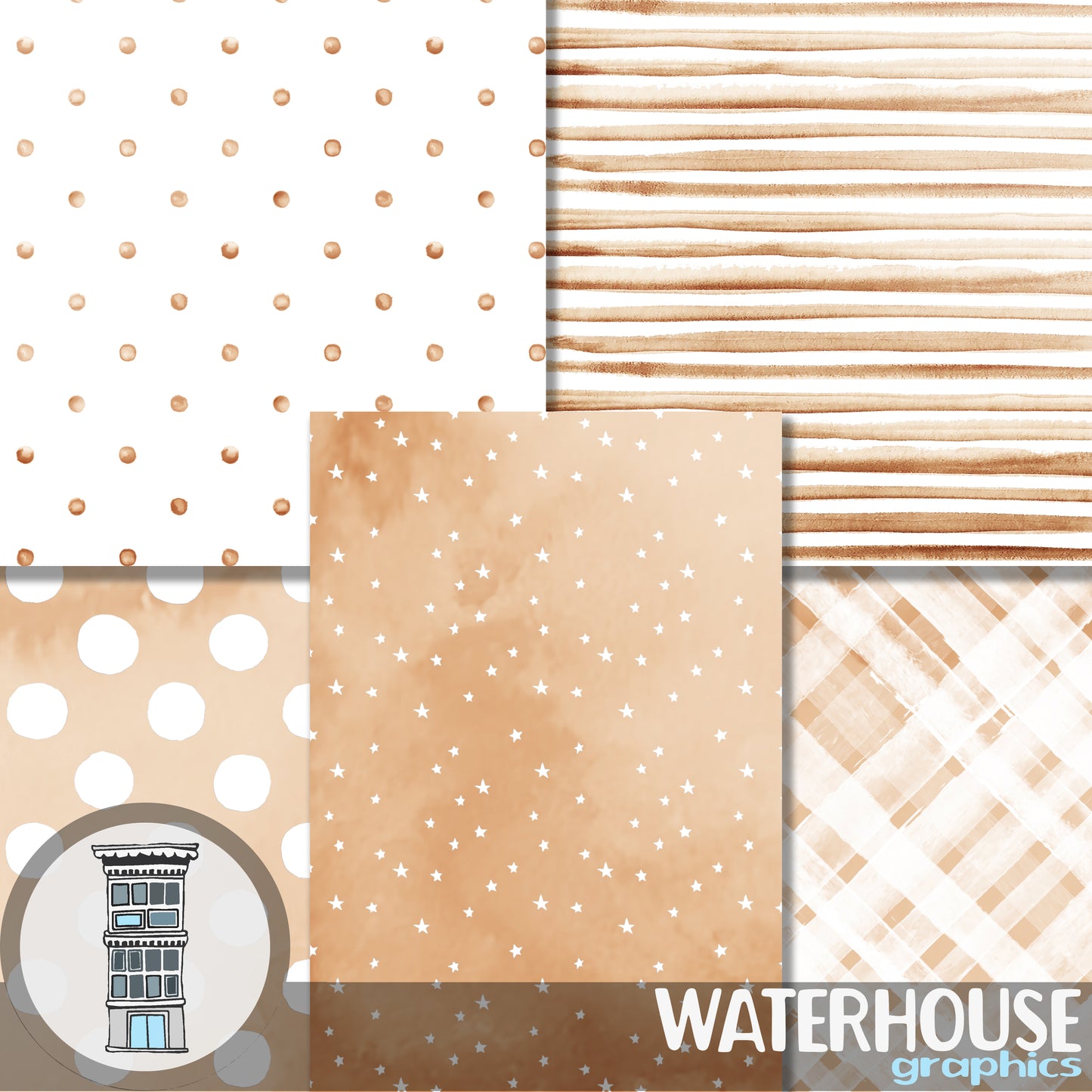Beige Nude Watercolor Digital Paper Pack Instant DOWNLOAD Watercolor Dots Watercolor Stripes stars backgrounds journal cards scrapbooking