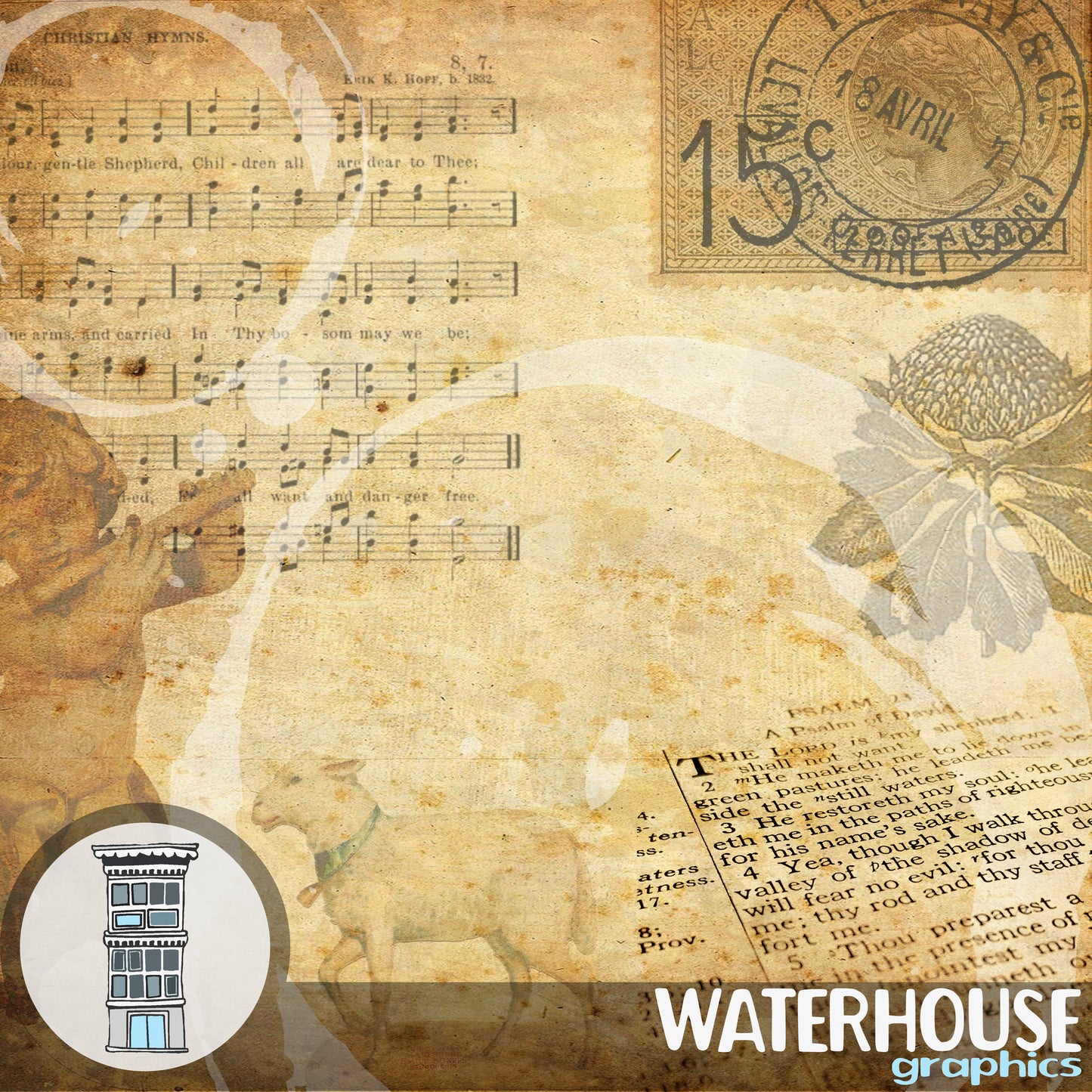 Antique Digital Scrapbooking Journaling Pack Psalm 23 Vintage distressed old paper floral music lace tags brads religious scrapbooking
