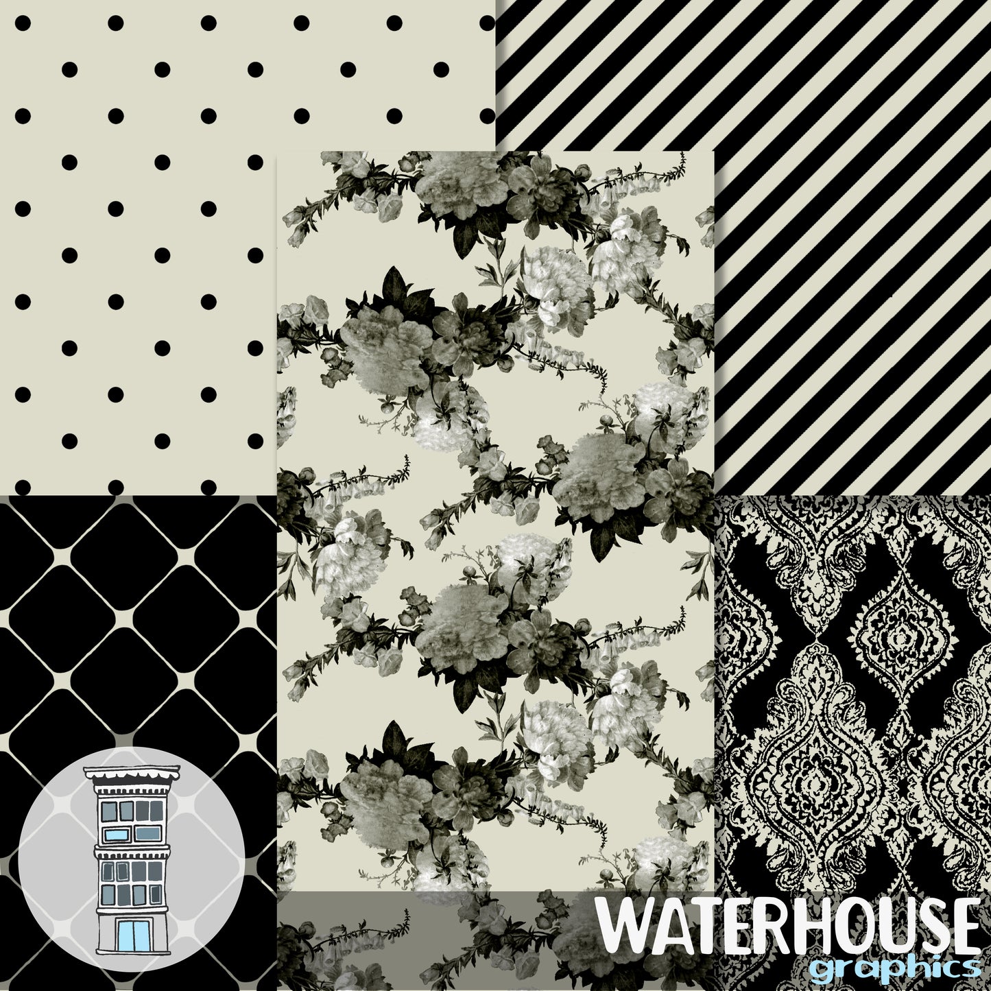 Black Cream Digital PAPER PACK Instant digital download Vintage Floral Patterns Damask Digital Scrapbooking Planner Printables Cards Wedding