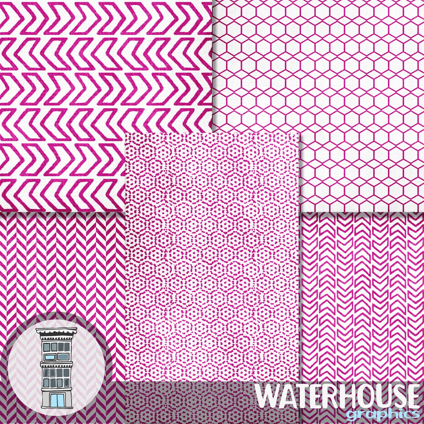 Bright PINK geometric Digital Paper Pack Hexagons Arrows Digital Scrapbook papers Distressed fuschia planner papers journal card backgrounds