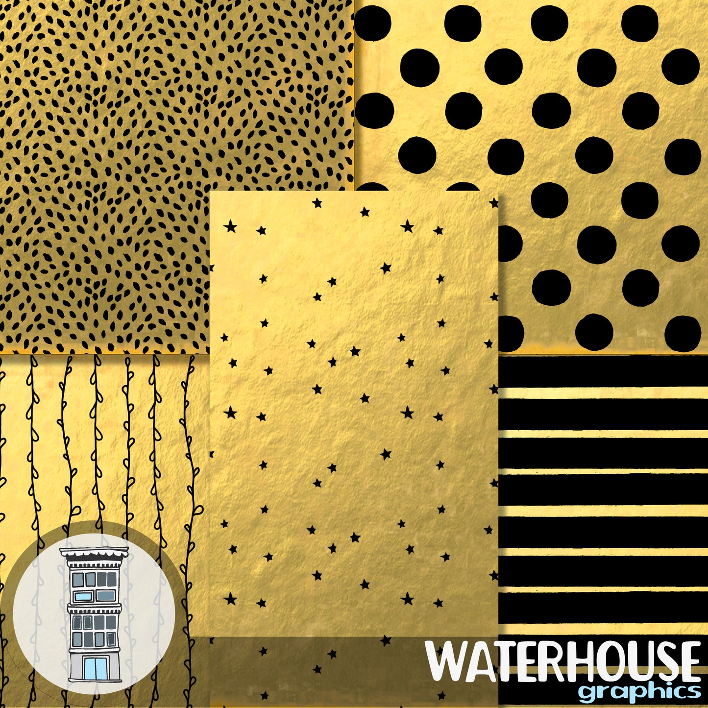 Black and GOLD Digital Paper Pack gold stars, stripes, polka dots, leopard patterns INSTANT DOWNLOAD Papel Cardmaking New Years Backgrounds