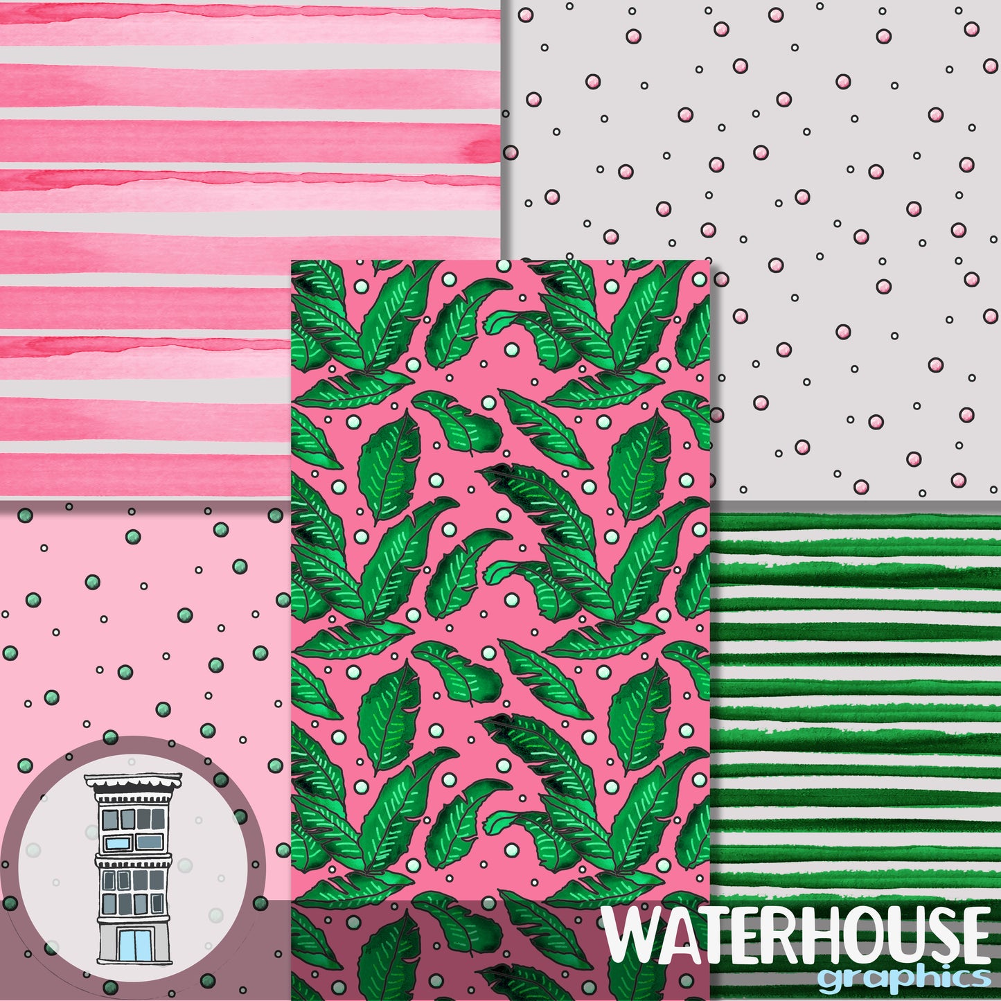 Banana leaves digital paper pack Pink and green scrapbooking papers Tropical leaves watercolor designs polka dots watercolor stripes