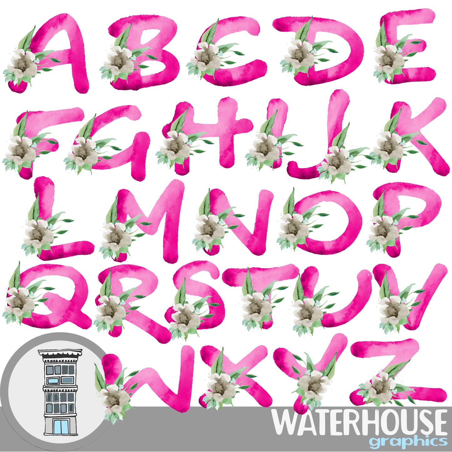 Bright PINK floral Watercolor Letters Instant Digital Download floral watercolor set Digital Alphabet ABCs journal cards Valentine's day