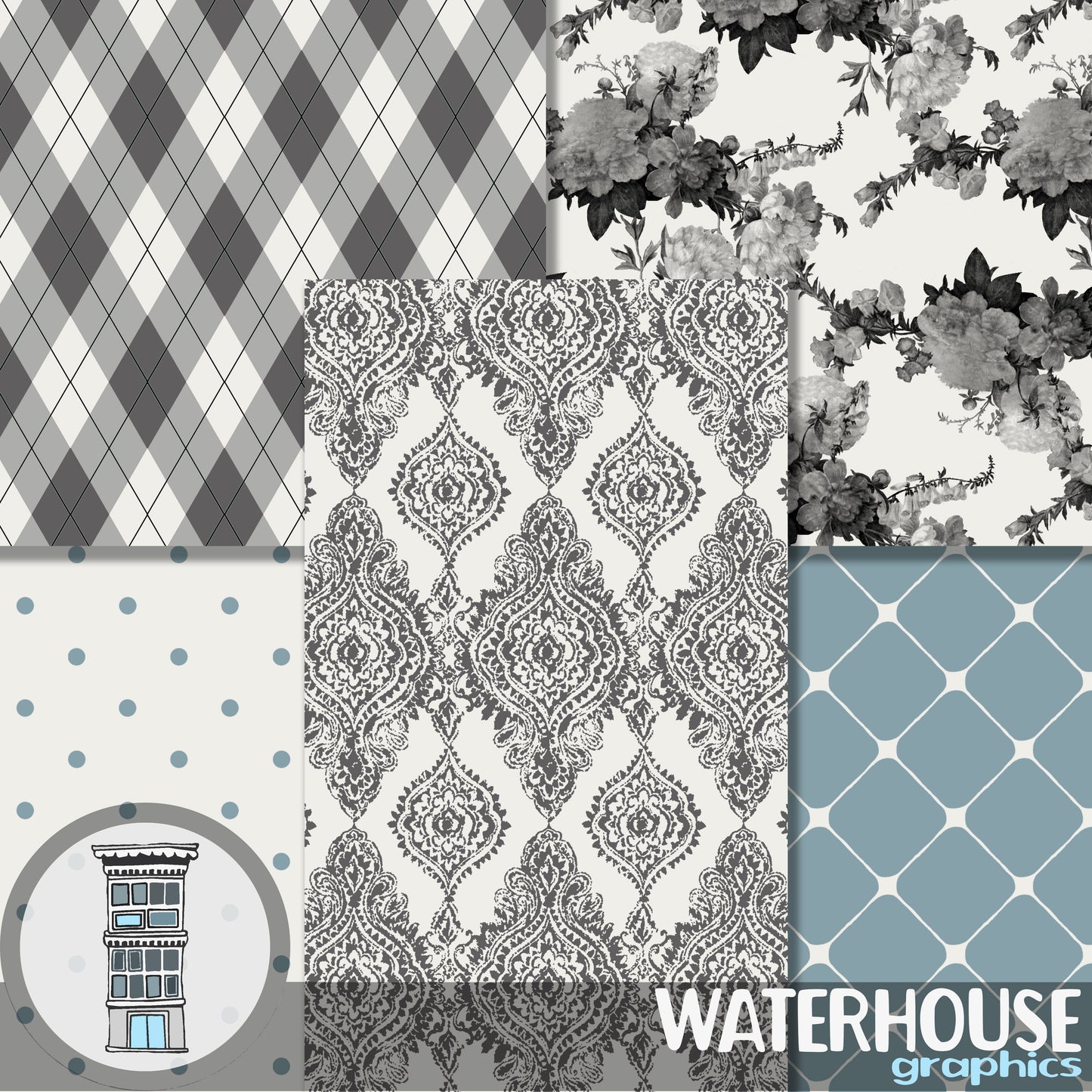 Blue Cream Digital PAPER PACK Instant digital download Vintage Floral Patterns Damask Digital Scrapbooking Planner Printables Cards Wedding