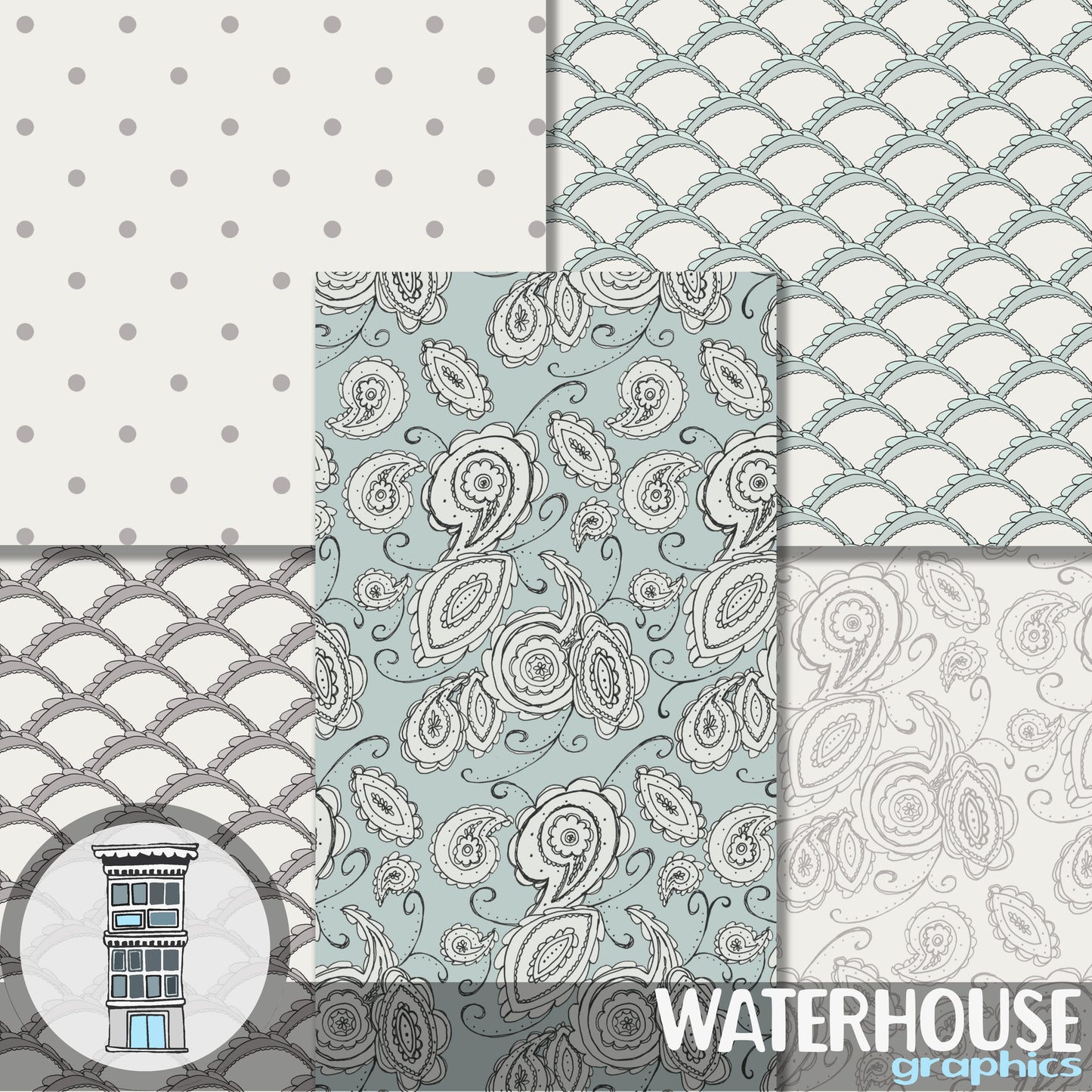 Blue Paisley Digital Paper Pack INSTANT DOWNLOAD blue taupe cream hand drawn scallops scrapbooking planner printables cards papercrafts