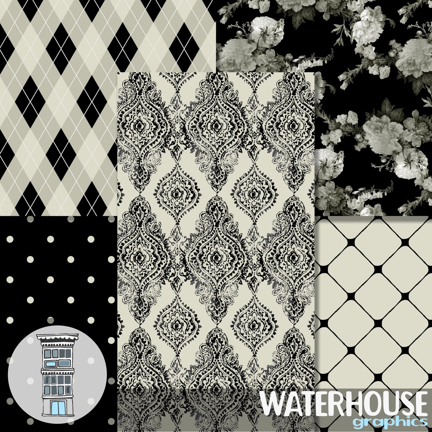 Black Cream Digital PAPER PACK Instant digital download Vintage Floral Patterns Damask Digital Scrapbooking Planner Printables Cards Wedding