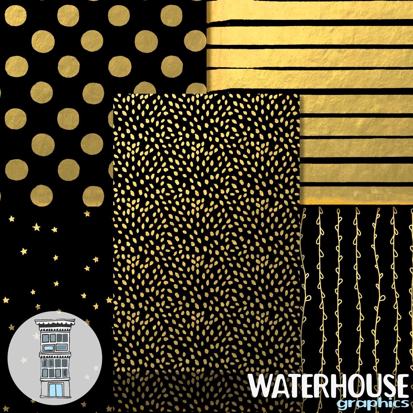 Black and GOLD Digital Paper Pack gold stars, stripes, polka dots, leopard patterns INSTANT DOWNLOAD Papel Cardmaking New Years Backgrounds