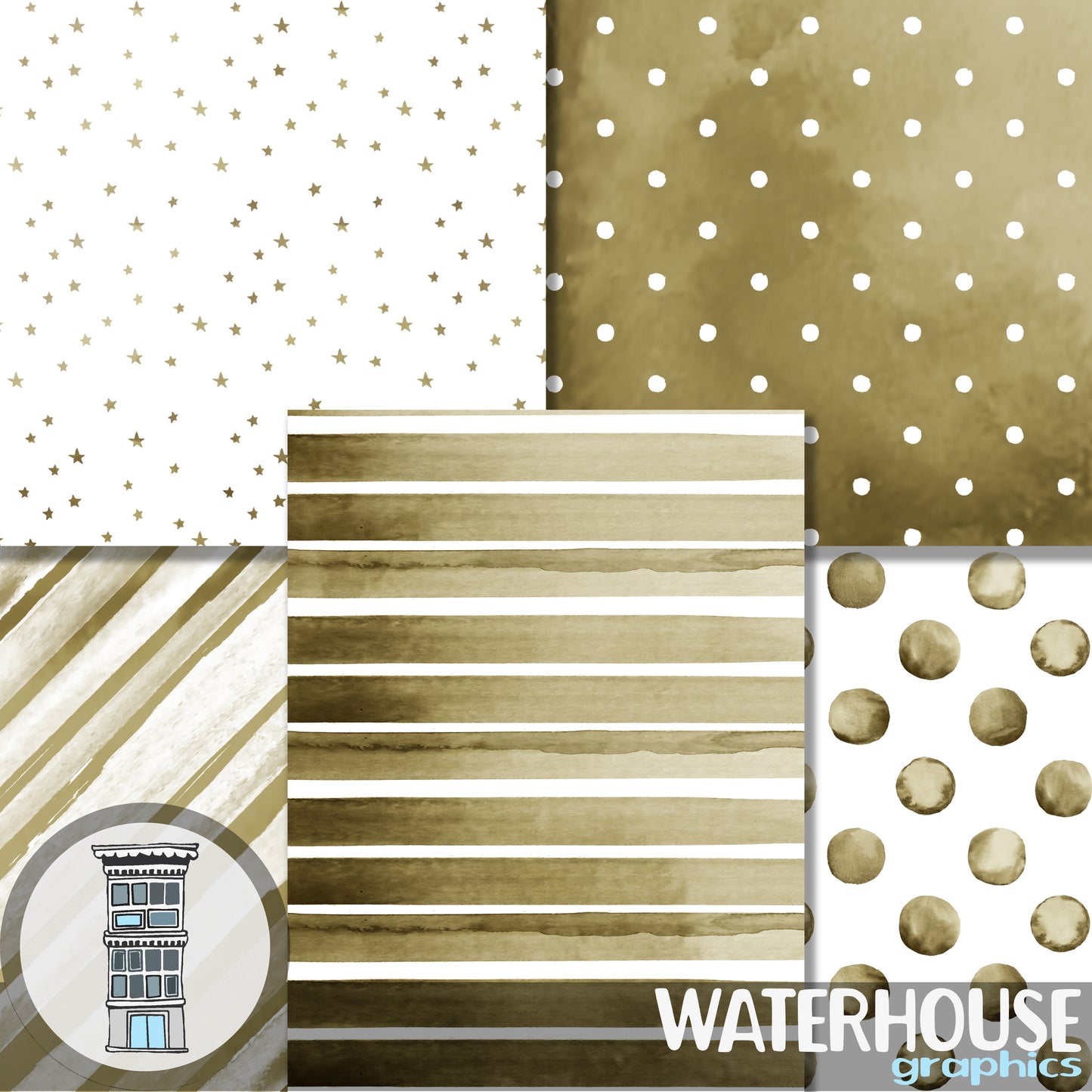 Army green Khaki Watercolor Digital Paper Pack INSTANT digital DOWNLOAD Watercolor Polka dots & stripes neutral background papel hex #9C8B51