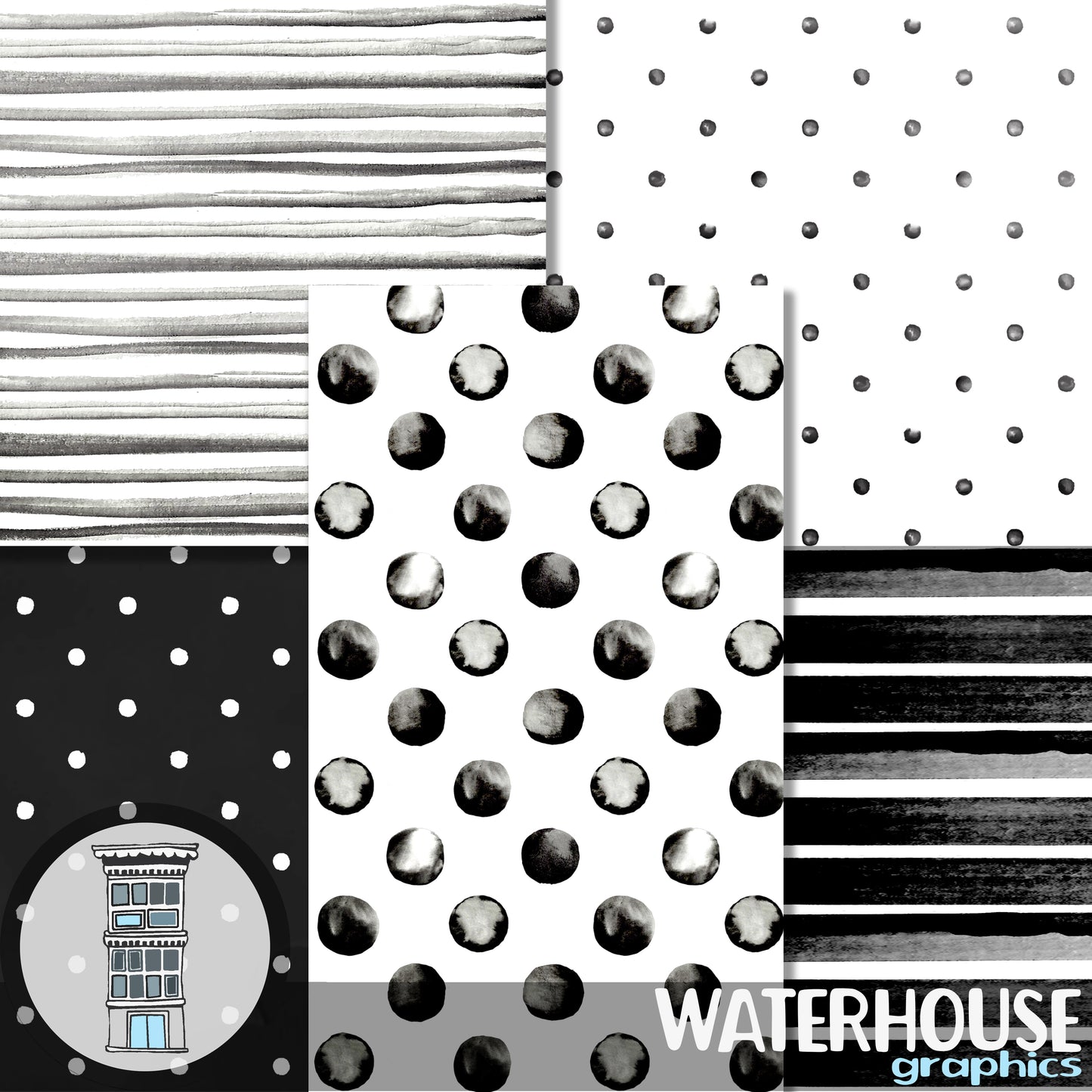 Black Watercolor Digital Paper Pack INSTANT digital DOWNLOAD Watercolor Polka dots Watercolor Stripes backgrounds black and white papel