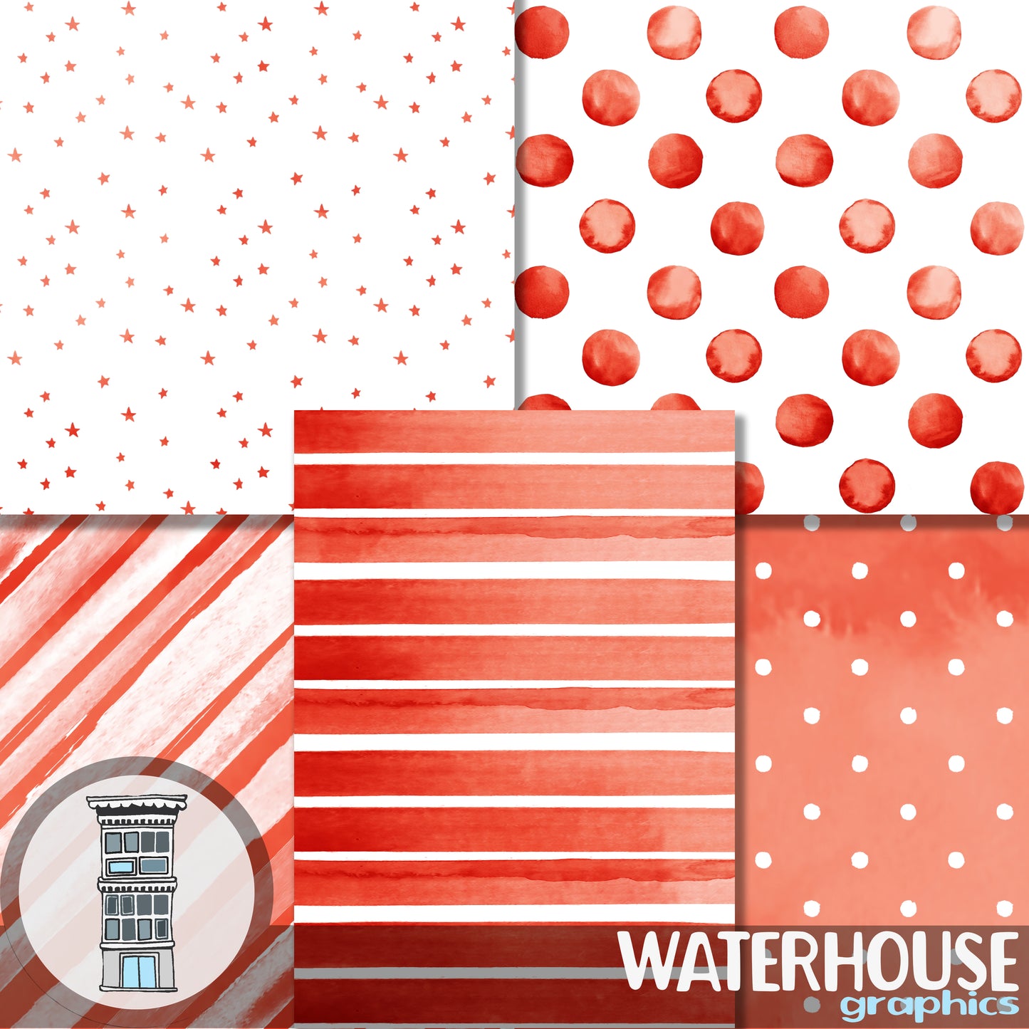 Bright RED ORANGE Watercolor Digital Paper Pack Instant DOWNLOAD rust Watercolor Dots Watercolor Stripes stars backgrounds journal cards