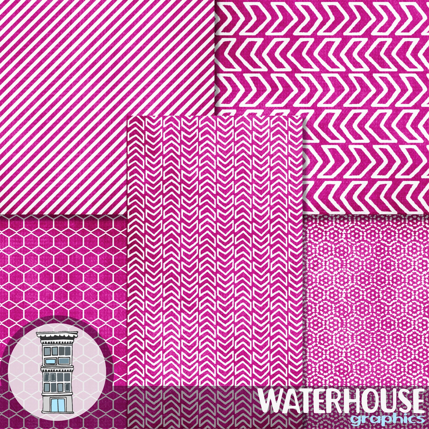 Bright PINK geometric Digital Paper Pack Hexagons Arrows Digital Scrapbook papers Distressed fuschia planner papers journal card backgrounds