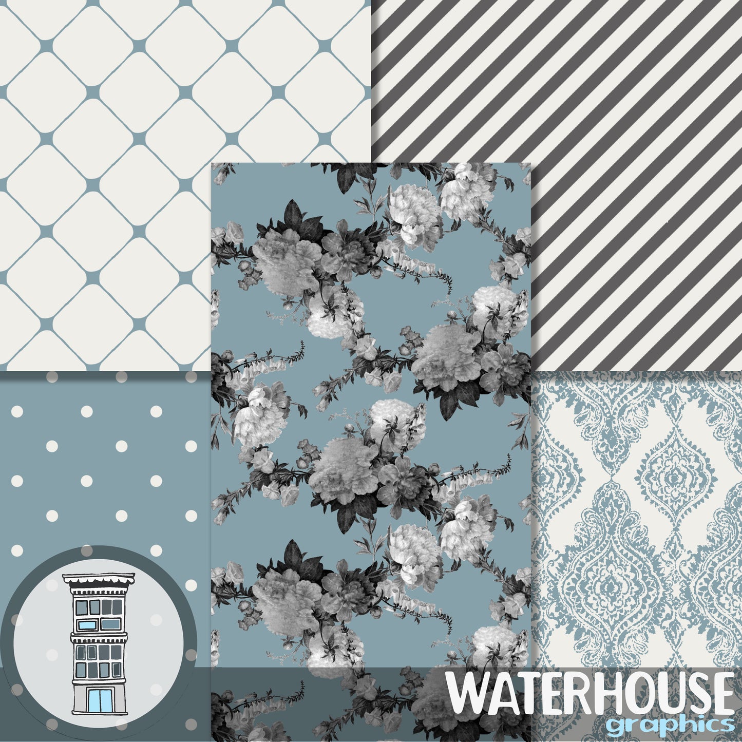 Blue Cream Digital PAPER PACK Instant digital download Vintage Floral Patterns Damask Digital Scrapbooking Planner Printables Cards Wedding