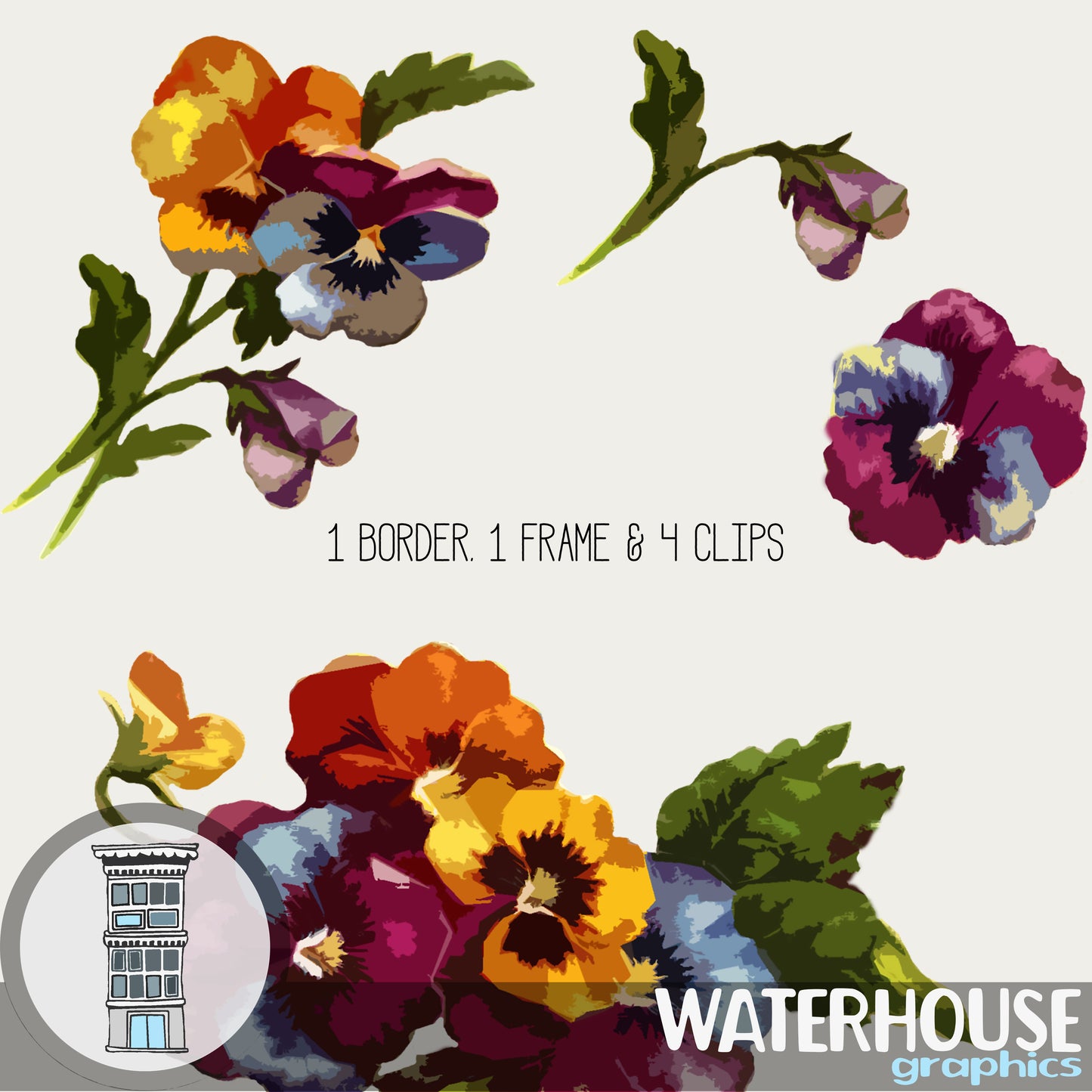 Bright Painted Pansy Clip Art Border Frame Digital Download Flowers