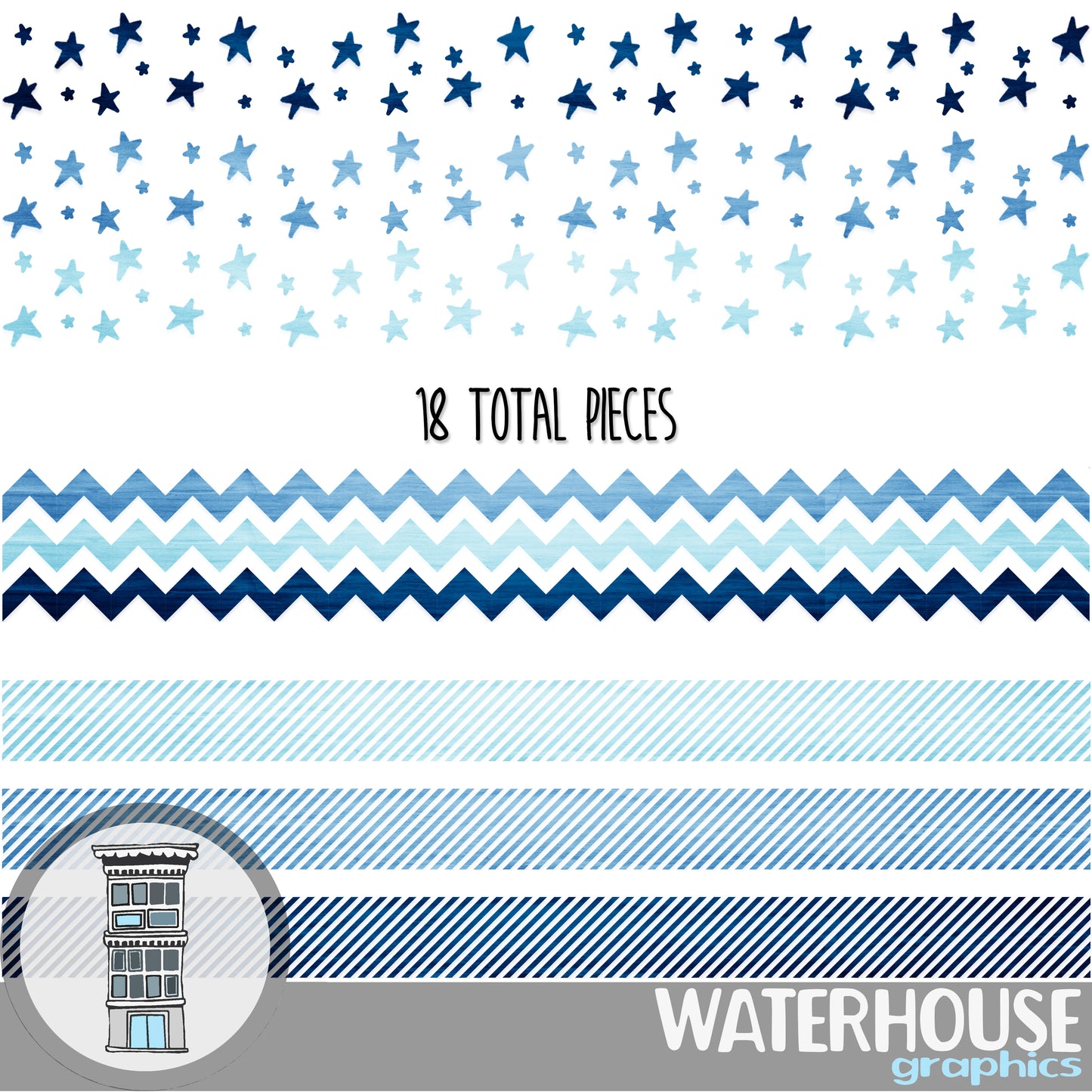 BLUE Digital Scrapbooking Watercolor texture clip art set dividers borders distressed arrows chevron stars bunting stripes triangles