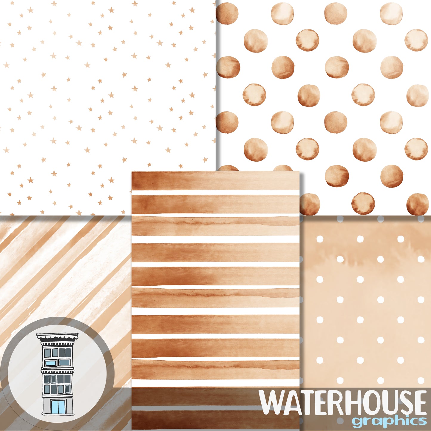 Beige Nude Watercolor Digital Paper Pack Instant DOWNLOAD Watercolor Dots Watercolor Stripes stars backgrounds journal cards scrapbooking