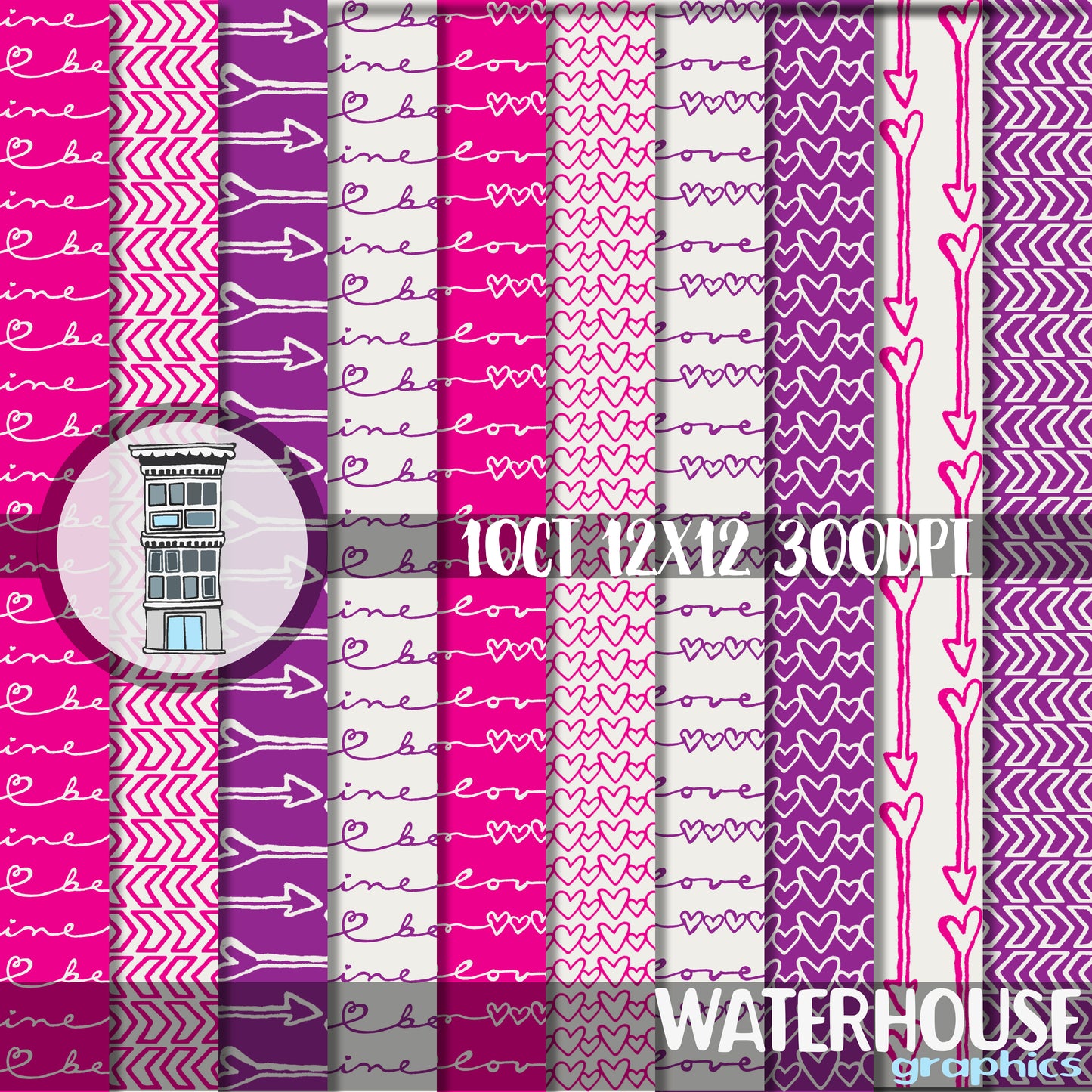 Valentine Digital Paper Pack INSTANT DOWNLOAD hearts & arrows hot pink purple love be mine scrapbook paper valentine cards background PINK