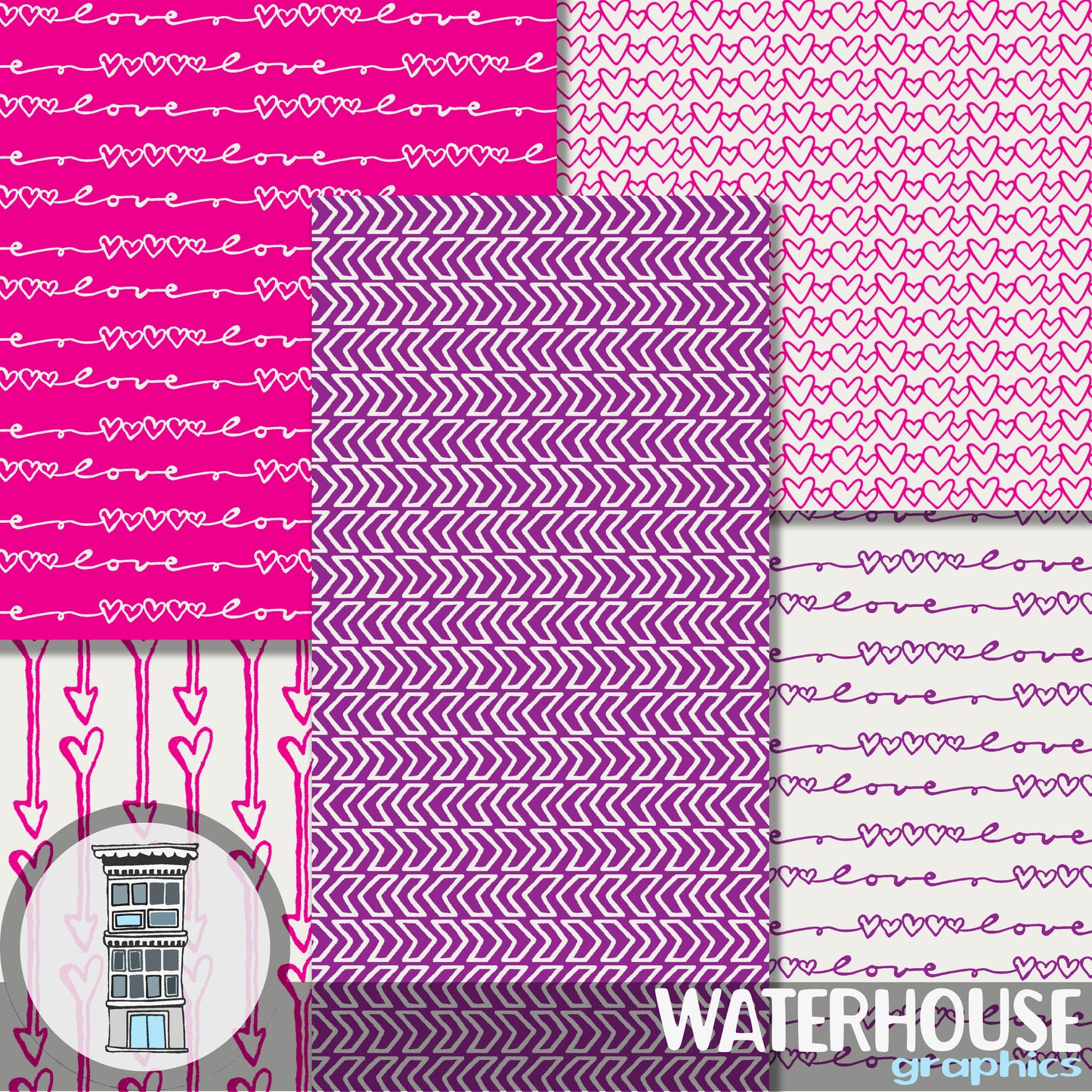 Valentine Digital Paper Pack INSTANT DOWNLOAD hearts & arrows hot pink purple love be mine scrapbook paper valentine cards background PINK