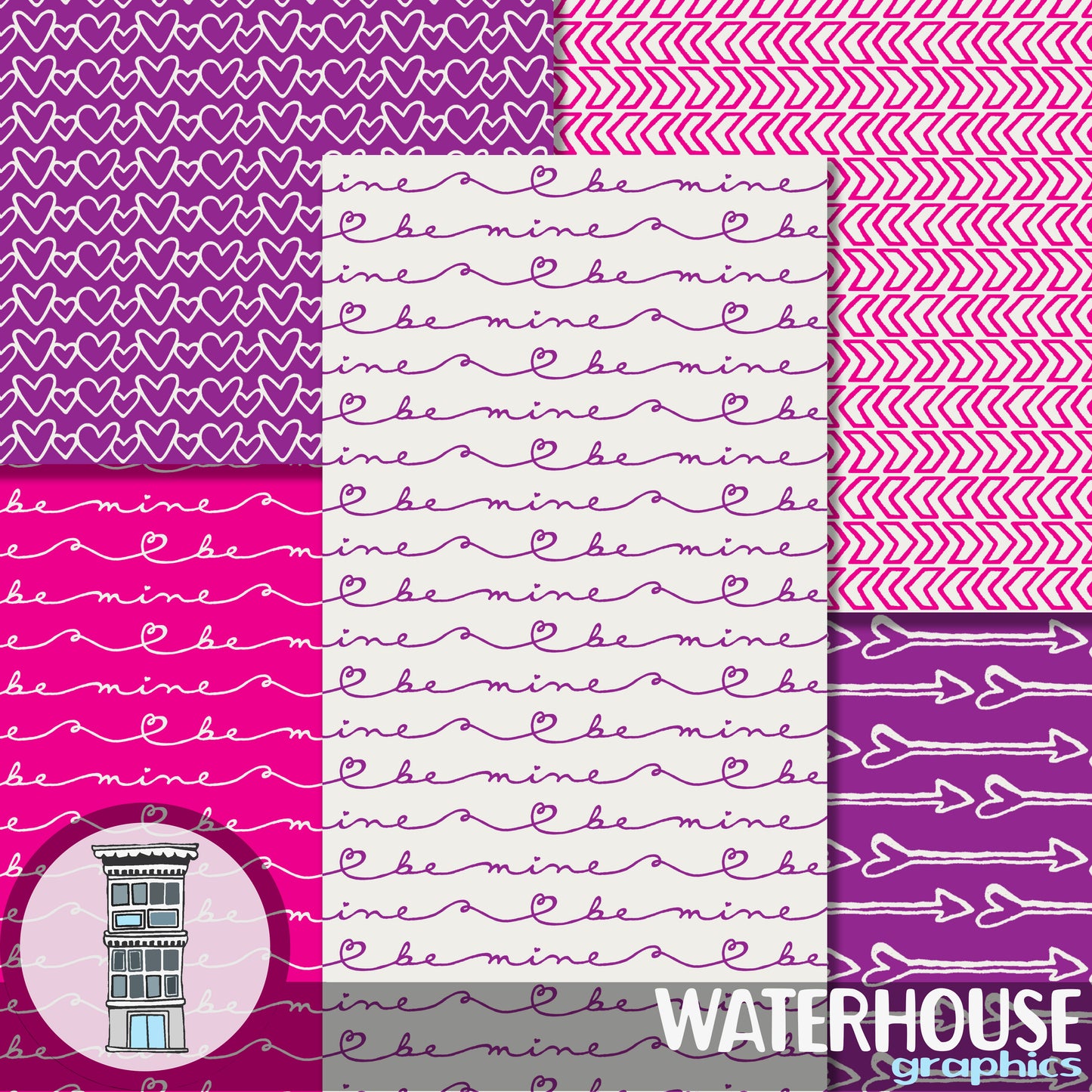 Valentine Digital Paper Pack INSTANT DOWNLOAD hearts & arrows hot pink purple love be mine scrapbook paper valentine cards background PINK