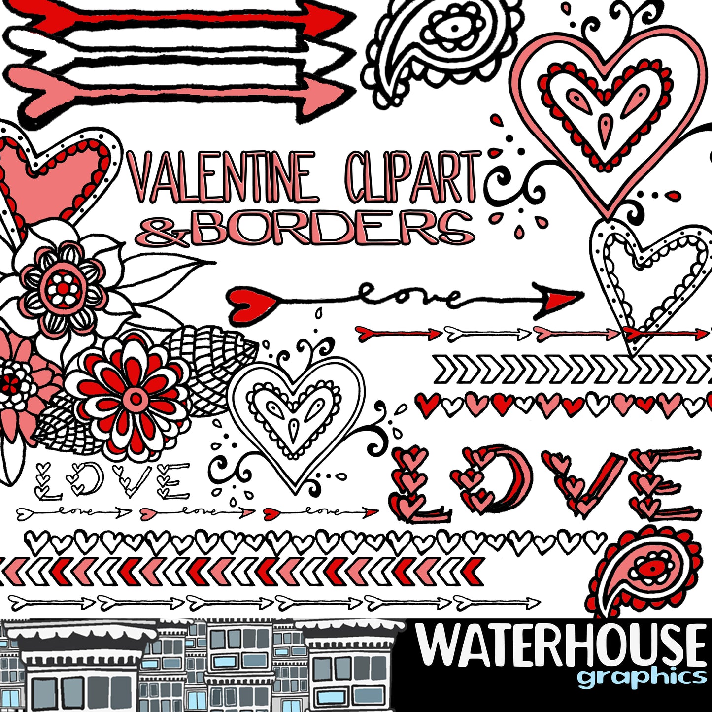 Valentine Clipart Digital Borders Flowers Love Hearts Arrows Paisley INSTANT DOWNLOAD Digital scrapbooking planner printables valentines day