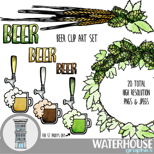 BEER Clip art Beer bottle labels INSTANT DOWNLOAD Hops Barley grain graphics Beer tap green beer Digital beer web design overlays printable