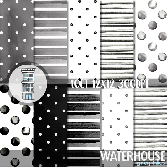 Black Watercolor Digital Paper Pack INSTANT digital DOWNLOAD Watercolor Polka dots Watercolor Stripes backgrounds black and white papel