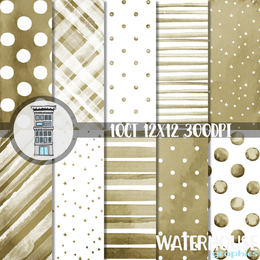 Army green Khaki Watercolor Digital Paper Pack INSTANT digital DOWNLOAD Watercolor Polka dots & stripes neutral background papel hex #9C8B51