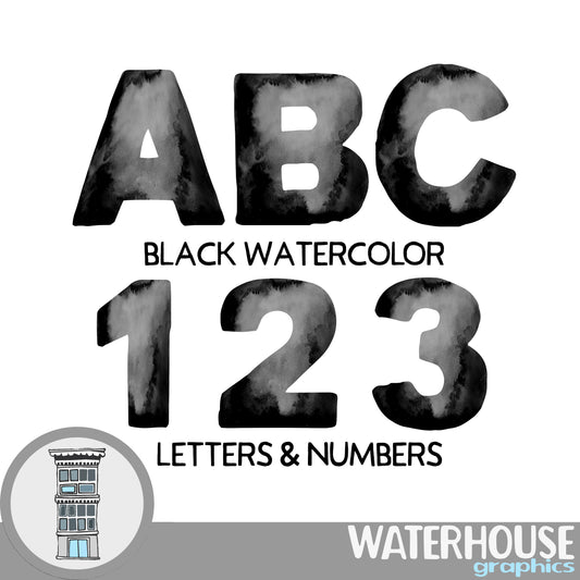 Black Watercolor Letters Numbers Instant Digital Download BLACK watercolor set Digital Alphabet ABCs digital scrapbooking letters numbers