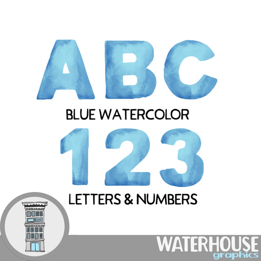 Blue Watercolor Letters Numbers Instant Digital Download BLUE watercolor set Digital Alphabet ABCs digital scrapbooking letters numbers