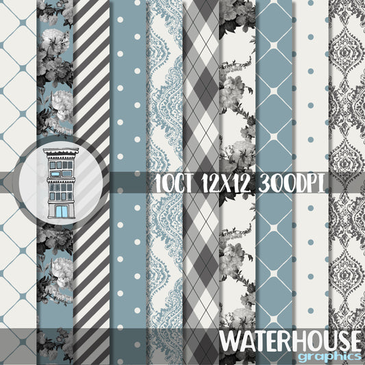 Blue Cream Digital PAPER PACK Instant digital download Vintage Floral Patterns Damask Digital Scrapbooking Planner Printables Cards Wedding