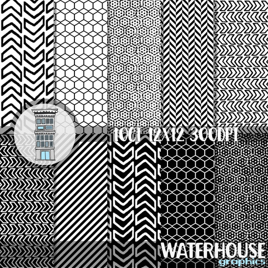 Black & White geometric Digital Paper Pack Hexagons Arrows Digital Scrapbook papers planner papers journal card background