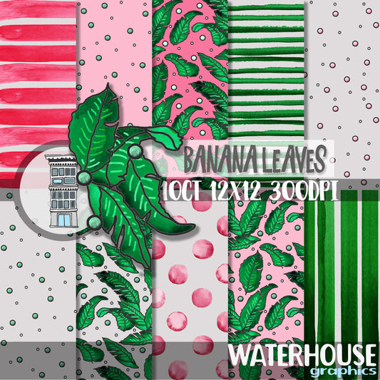 Banana leaves digital paper pack Pink and green scrapbooking papers Tropical leaves watercolor designs polka dots watercolor stripes