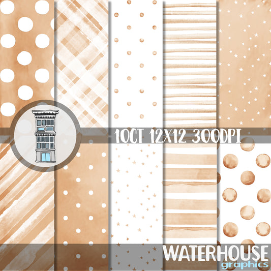 Beige Nude Watercolor Digital Paper Pack Instant DOWNLOAD Watercolor Dots Watercolor Stripes stars backgrounds journal cards scrapbooking