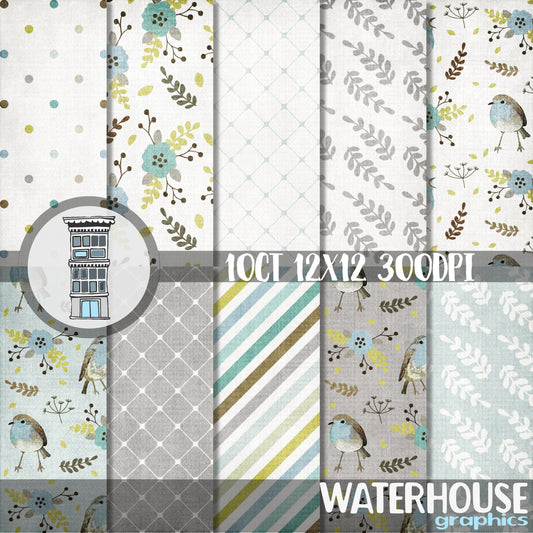 Birds Digital Paper Pack hand drawn birds floral patterns INSTANT DOWNLOAD Blue Neutral Pretty Spring Leaves Birds Papel Cards Background