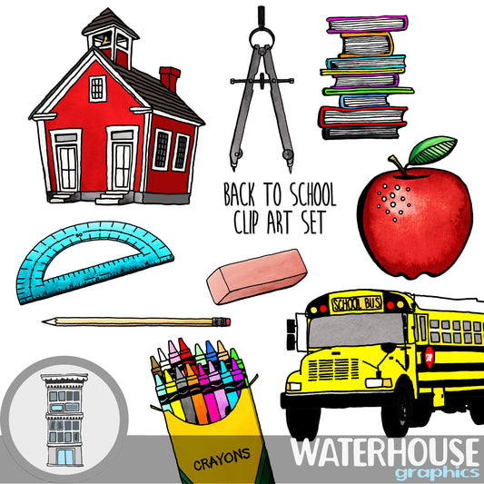 Back to School Digital Clip Art Set Schoolhouse school bus kids crafts design tools instant download crayons clipart digital scrapbooking