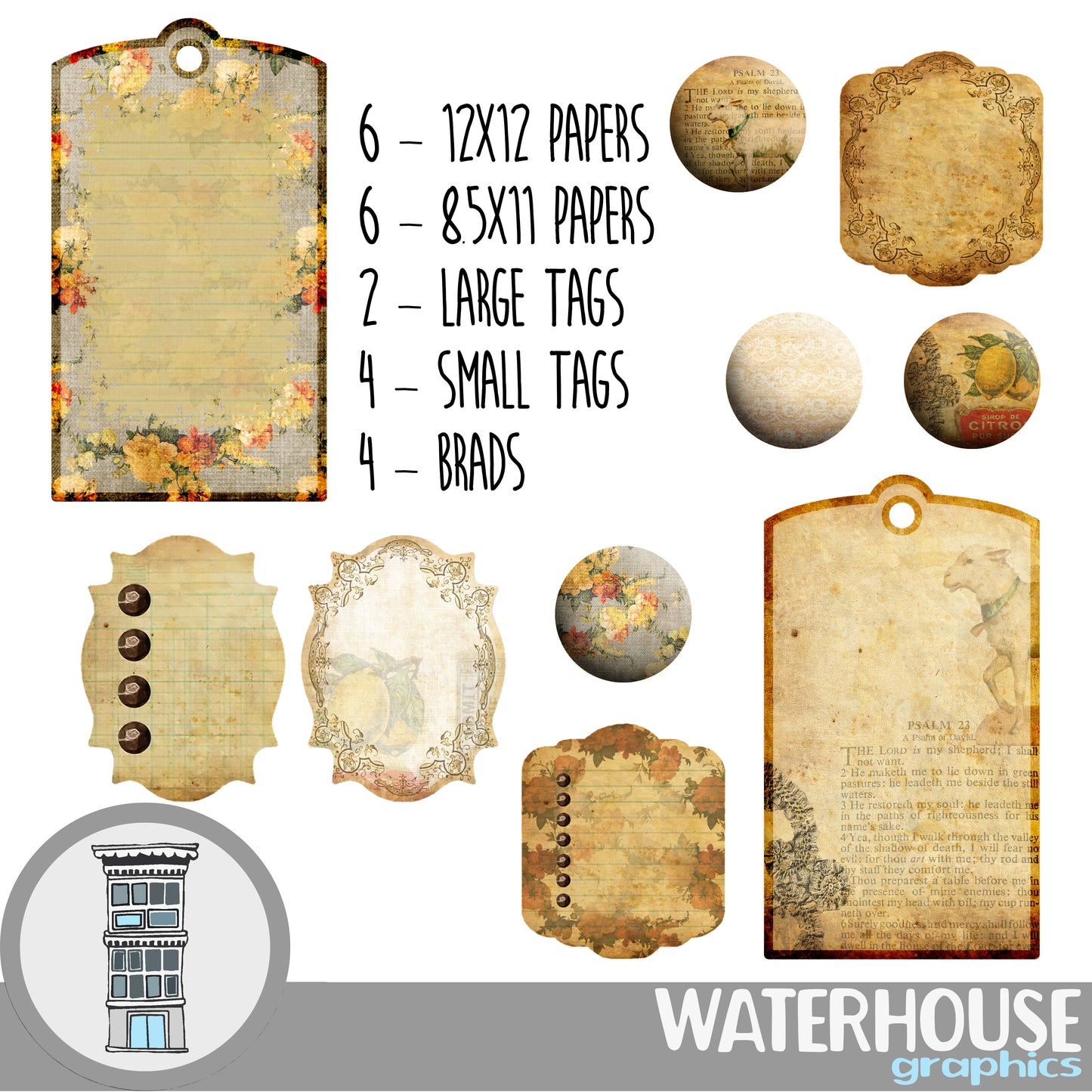 Antique Digital Scrapbooking Journaling Pack Psalm 23 Vintage distressed old paper floral music lace tags brads religious scrapbooking